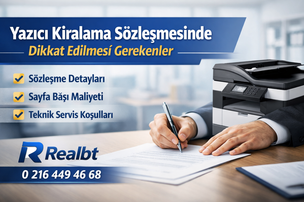 Yazıcı Kiralama Sözleşmesinde Dikkat Edilmesi Gerekenler görseli, Realbt iletişim numarası 0 216 449 46 68 ile birlikte ofis ortamında sözleşme imzalama ve yazıcı modeli görüntüsü.