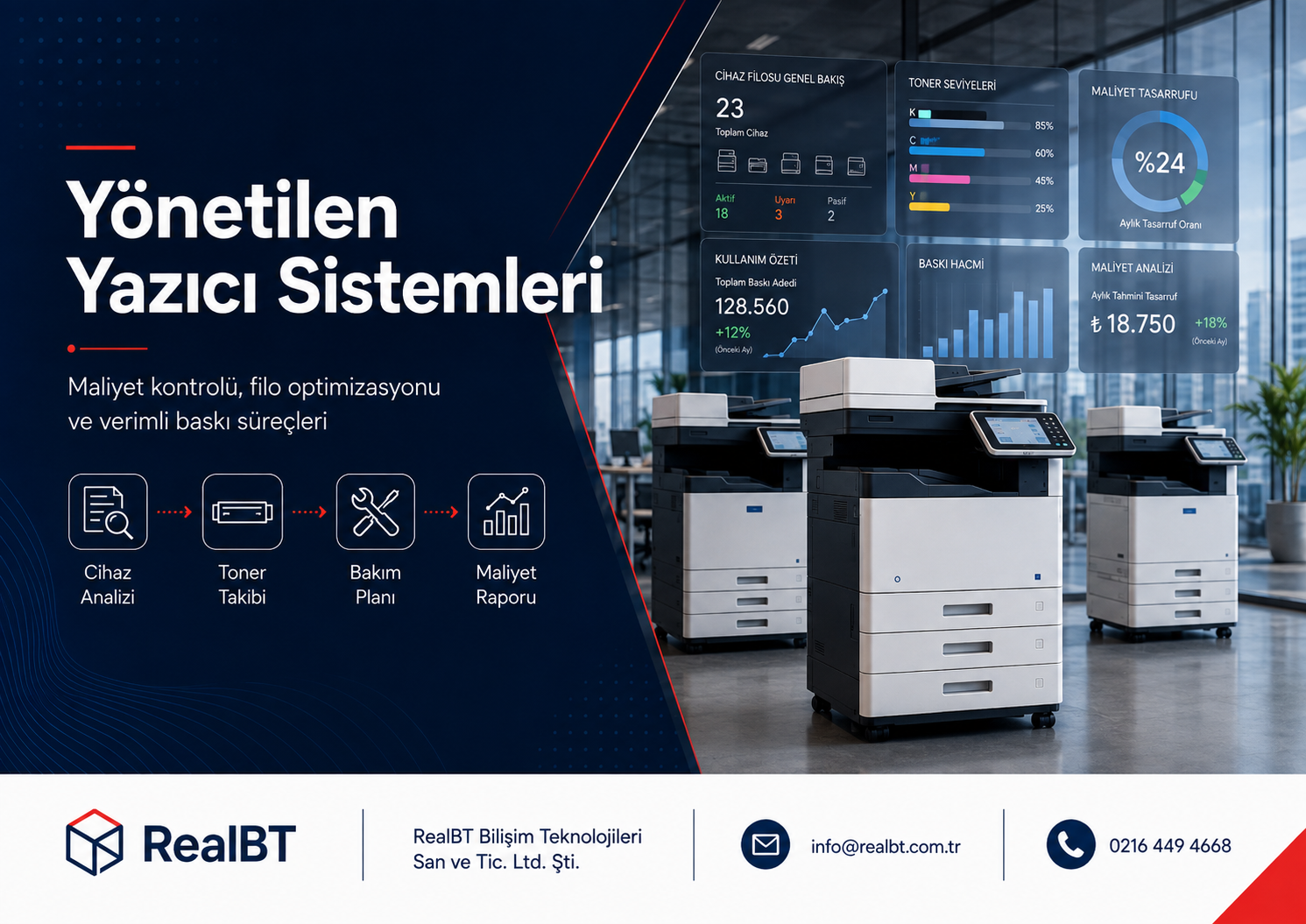 Yönetilen Yazıcı Sistemleri - RealBT maliyet kontrolü ve baskı optimizasyonu